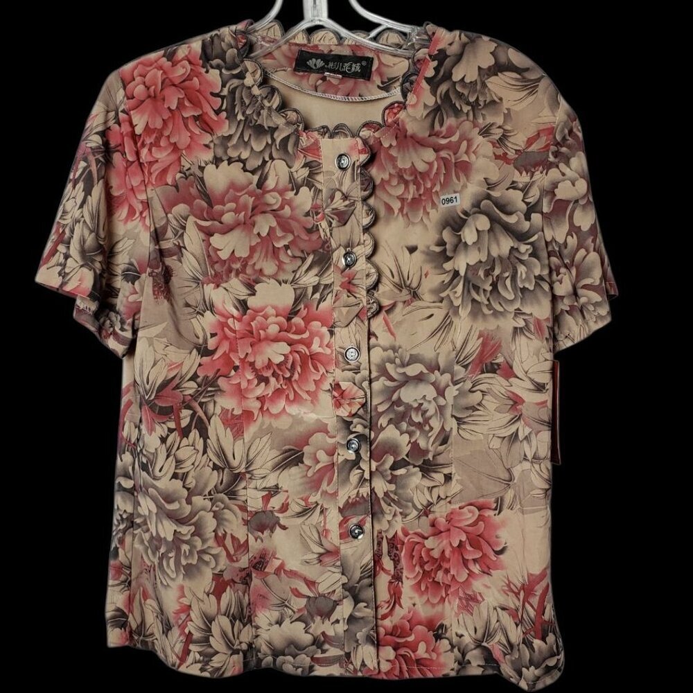 Floral Button-Up Short-Sleeve Blouse With Scalloped Edging Multicolor Size 21 - Picture 13 of 14